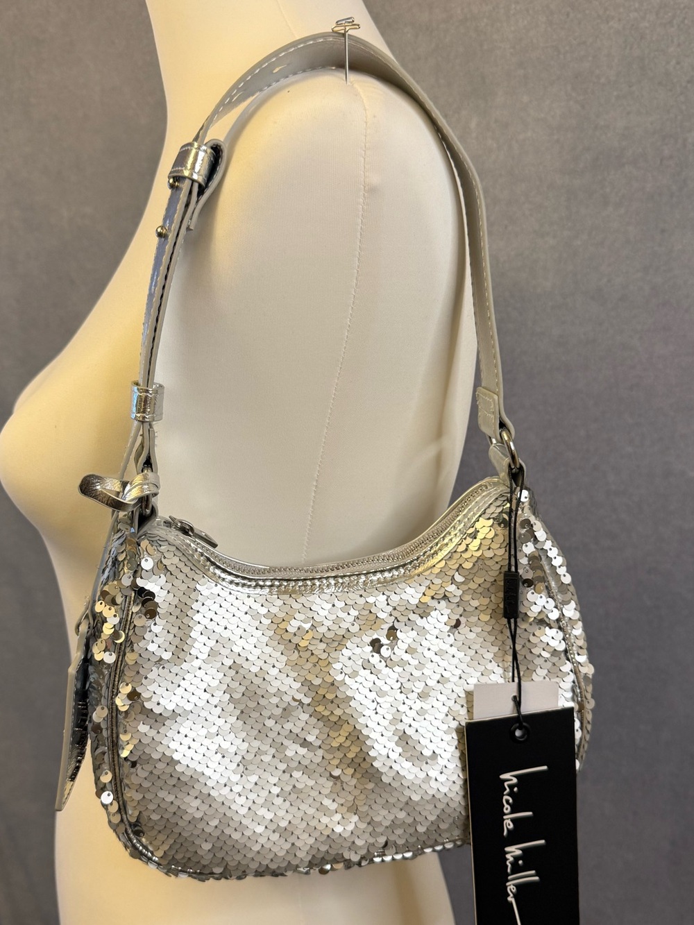 Nicole Miller Silver Sequin Mini Shoulder Bag NWT